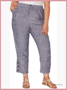 Linen Button Hem Flood Pants, Relaxed Fit, High Rise, Ankle Length